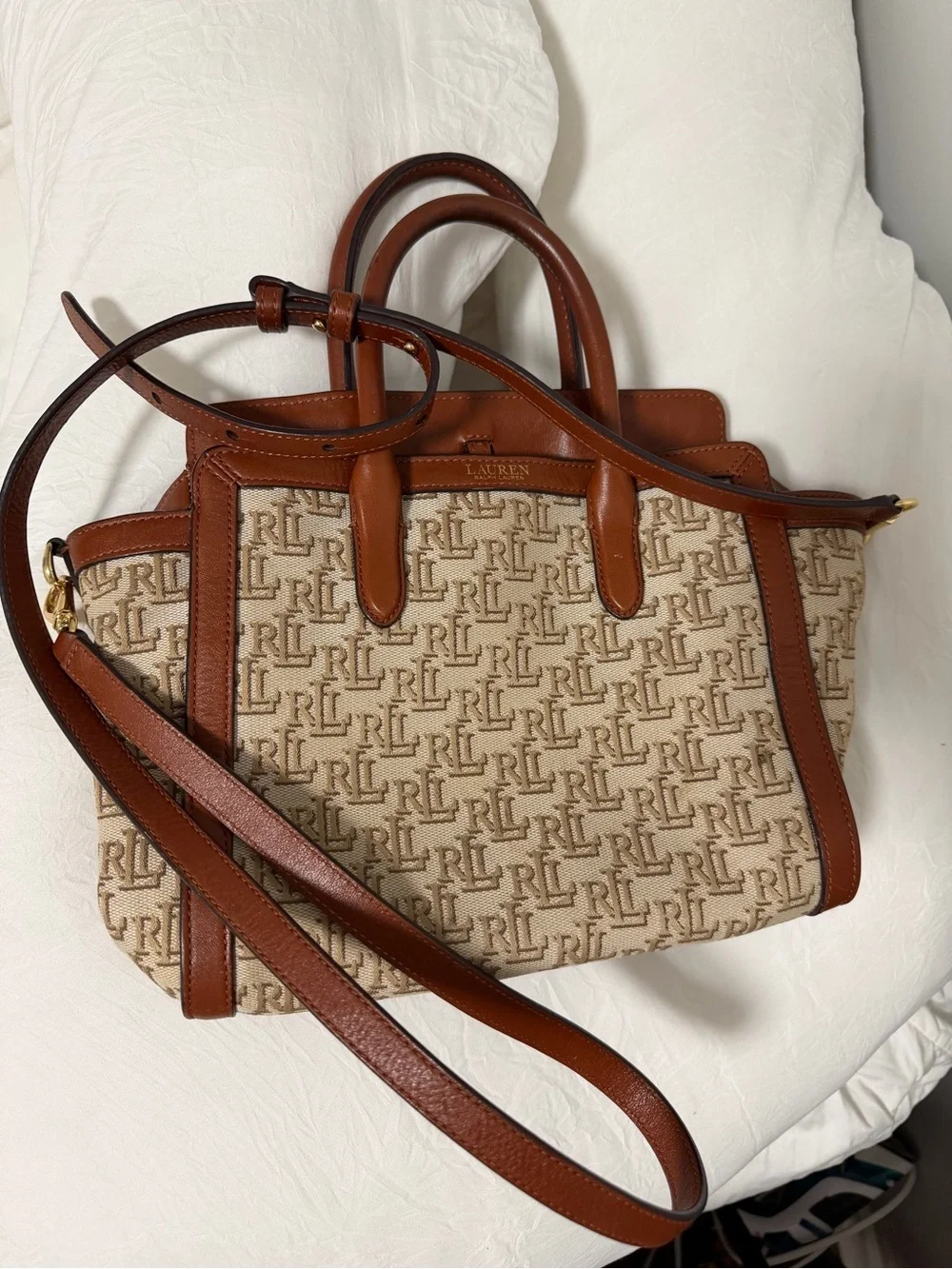 Lauren Ralph Lauren Cream Jacquard Satchel with Brown Leather Trim